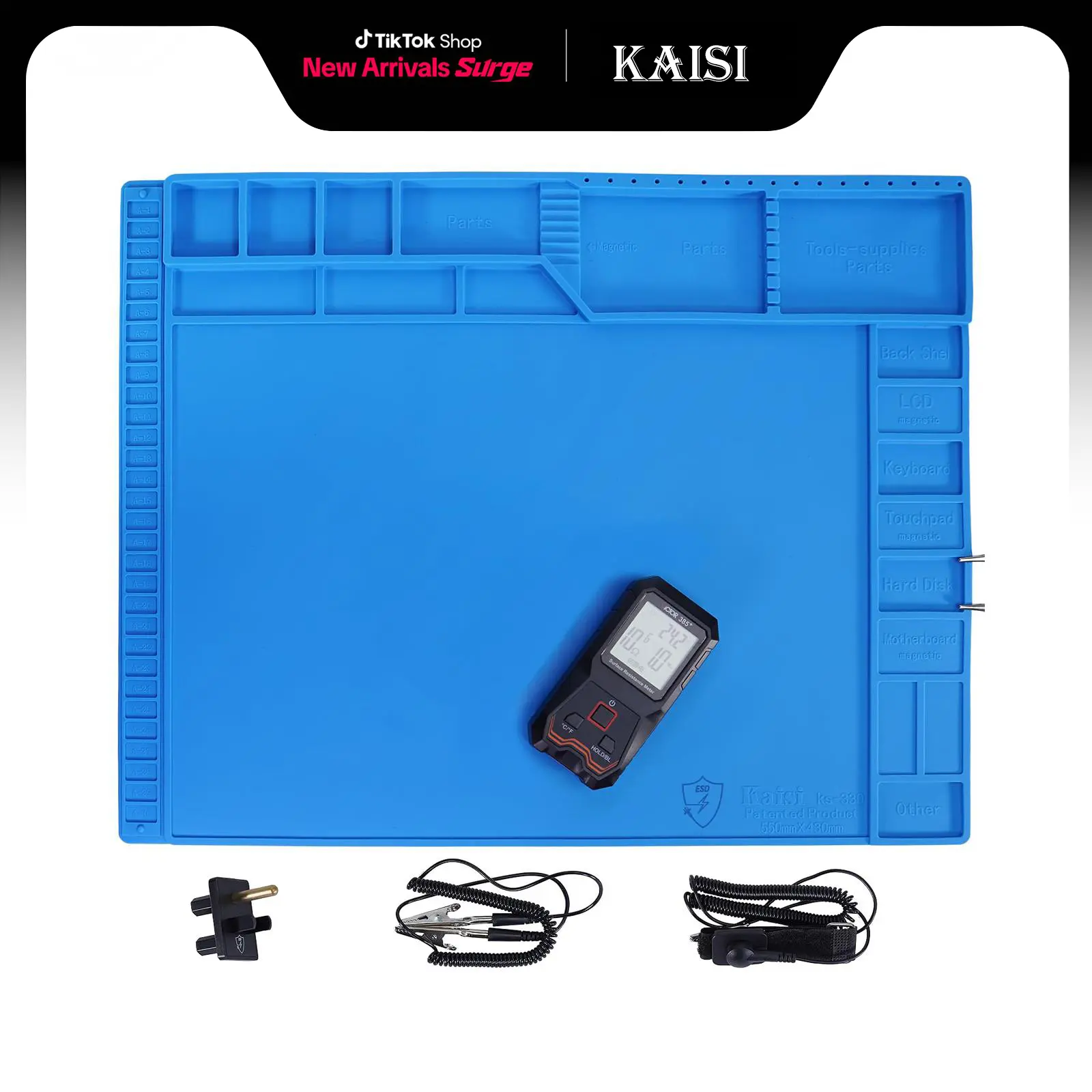 Kaisi Large Anti-Static Silicone Soldering Mat with Grounding Kit & Wrist Strap, Heat-Resistant Magnetic ESD Pad, Hot Surface Safe Parts Work Mat (21.6"x16.9") for Laptops, Drones Repairs