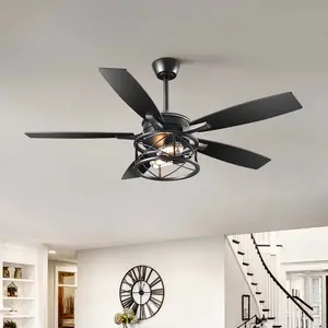 EDISHINE 52" Black Farmhouse Ceiling Fans With Lights, Remote Control, Dimmable, Reversible DC Motor, 5 Wooden Blades Rustic Indoor/Outdoor Ceiling Fan for Living Room Bedroom Porch