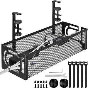 Table Side Hanging Storage Basket, Adjustable Length Socket Storage Rack, Under Table Storage Basket, Home Organizer for Living Room Bedroom Kitchen, Mesh Baskets