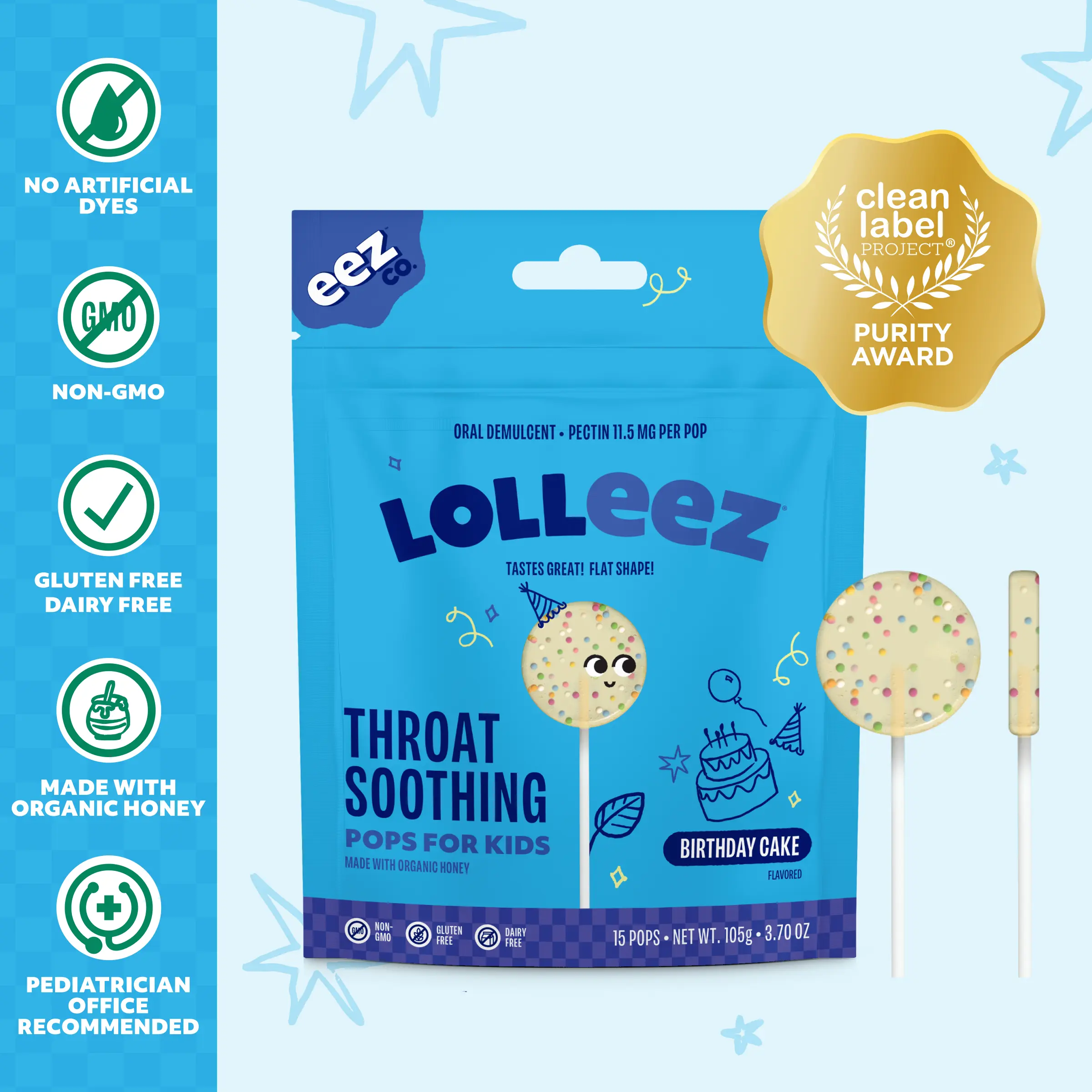 Lolleez by EEZ Co. Organic Natural Throat Soothing Snack Pops for Kids - Birthday Cake Flavor, Sweet
