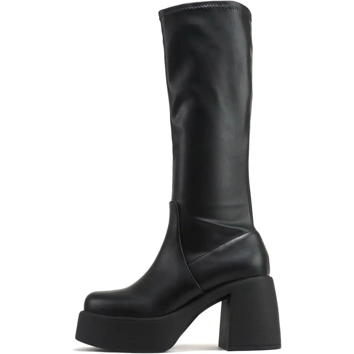 Women Square Toe Medium Chunky Heel Platform Mid-Calf Boot with Side Zipper