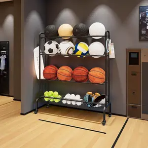 LINZINAR Basketball Rack Rolling Sports Storage with Four-Layer Organizer & Three Baskets for Balls Black Hanging Design Adjustable Garage Shelf for Gyms Garages 16.53D x 41.1W x 49.01H
