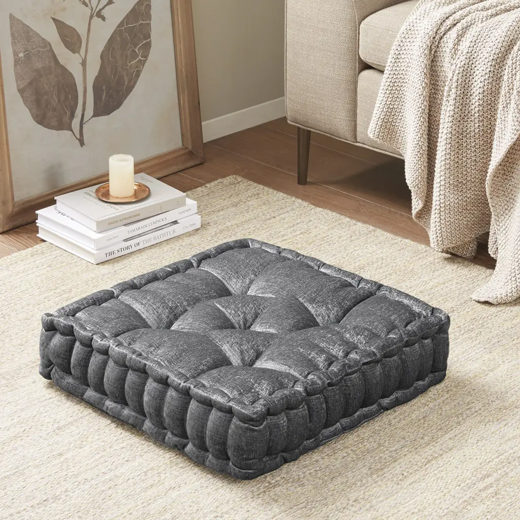 Square Floor Pillow Cushion, 20x20 Inch Charcoal Gray Poly Chenille, Soft Plush Seating for Living Room, Bedroom, Dorm, Reading Nook, Meditation, Kids Playroom, Machine Washable, Single Pack