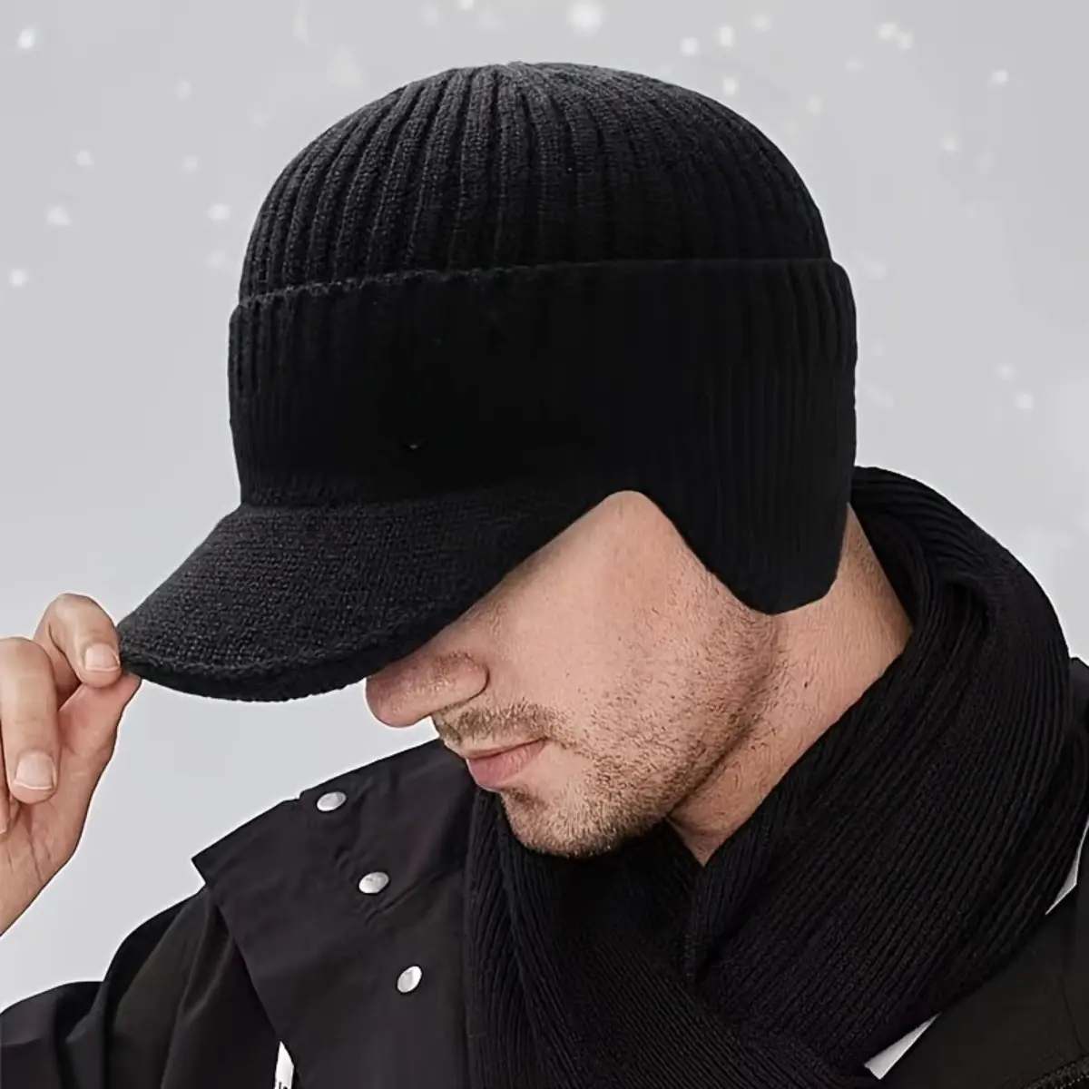 Beanie with Brim for Men Winter Fleece Lined Knit Hat Ear Flap Cap Ski Mask Balaclava for Skiing Cycling Outdoor Sports Cold Weather
