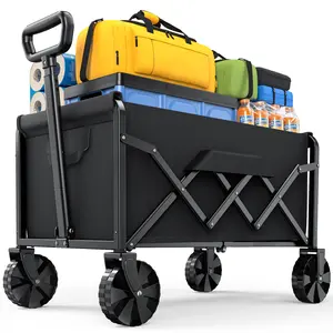 Collapsible Folding Wagon Cart, Heavy Duty Camping Wagon with Wheels, Portable Utility Cart for Outdoor, Black