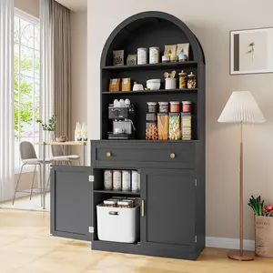 71" Tall Arched Kitchen Pantry Cabinet, Modern Kitchen Storage Cabinets with Hidden Drawer and Spacious Countertop, Wooden Storage Pantry Cabinet for Living Room, Dining Room, Black wide storage walnut  kitchen  cabinets kitchen  cabinets drawer  dresser