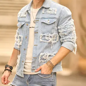 Street Style Stylish Men Ripped Patch Slim Denim Jacket High Quality Male Distressed Casual Denim Jacket Coat