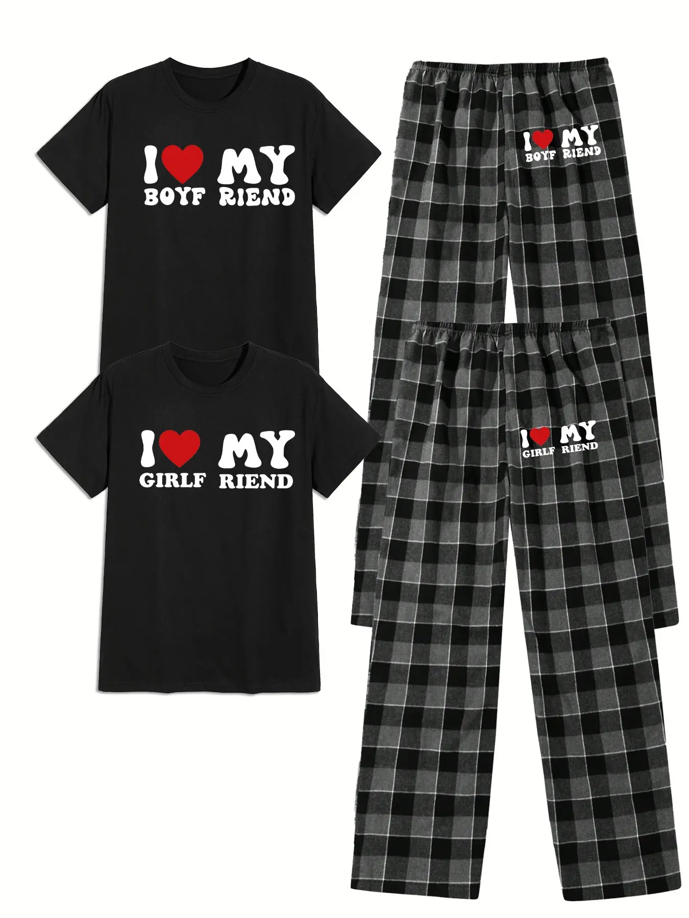 Men's Summer Casual Everyday Plaid Couple Sleepwear Set, Letter Heart Print Design, Round Neck Short Sleeve Pullover and Long Pants, Soft Knit Polyester, Clothes