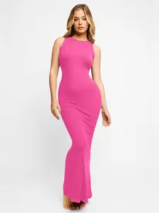Popilush Shapewear Modal Sleeveless Crew Neck Maxi Dress Ribbed Fabric-LIVE