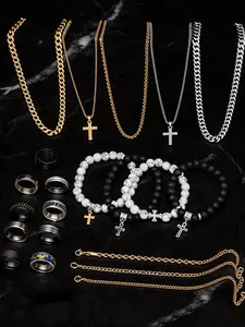 Men's Stainless Steel Jewelry Set, Geometric Pattern Cross Pendant Necklace & Bracelet, Casual Daily Wear Accessories, Perfect Gift for All Seasons