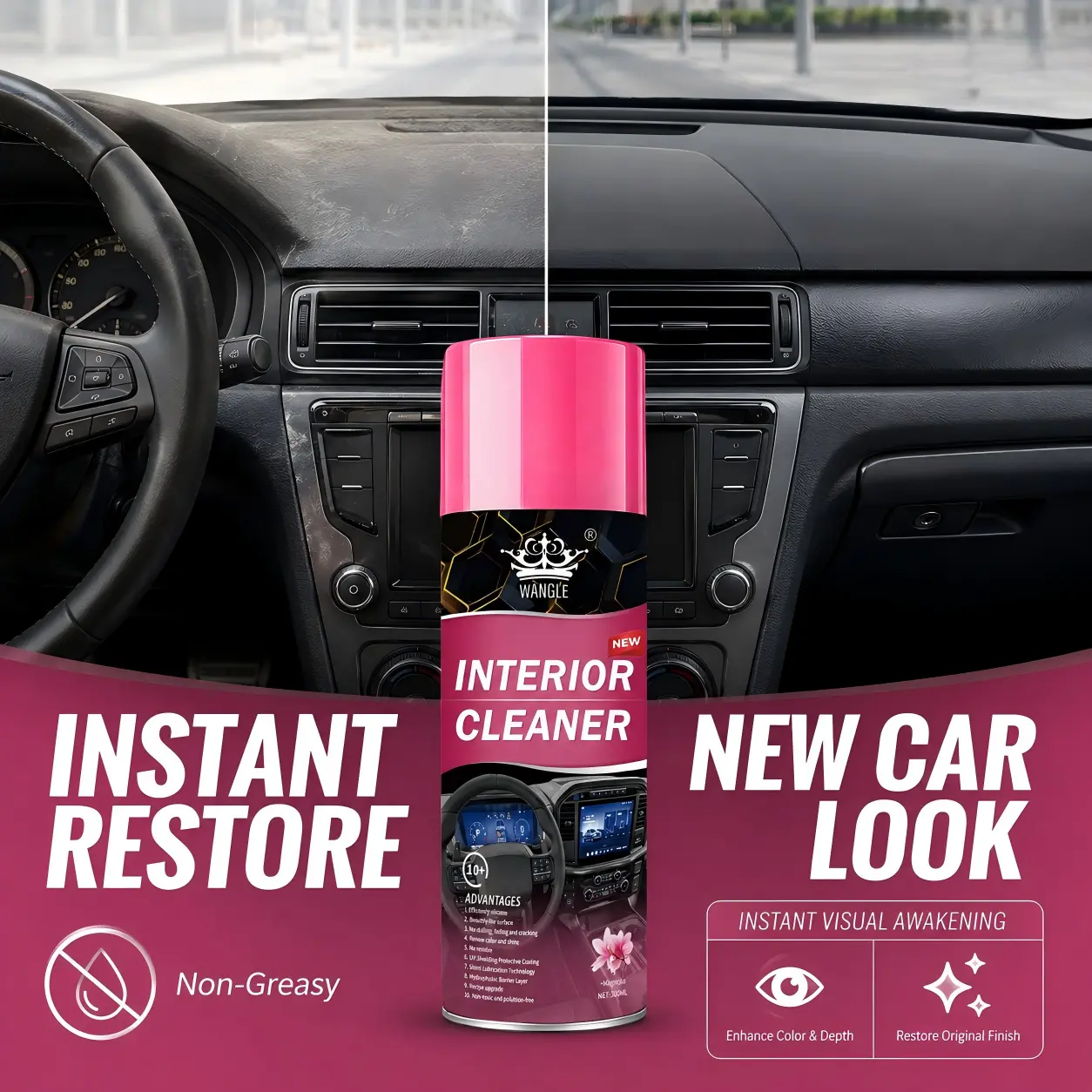 Car Interior Dashboard Polish & Protectant - Automotive Detailing Product, Interior Cleaner Protectant for Car Cleaning, Faded Surface Restoration, UV Protection, Anti-Dust Care, Door Panels & Trim