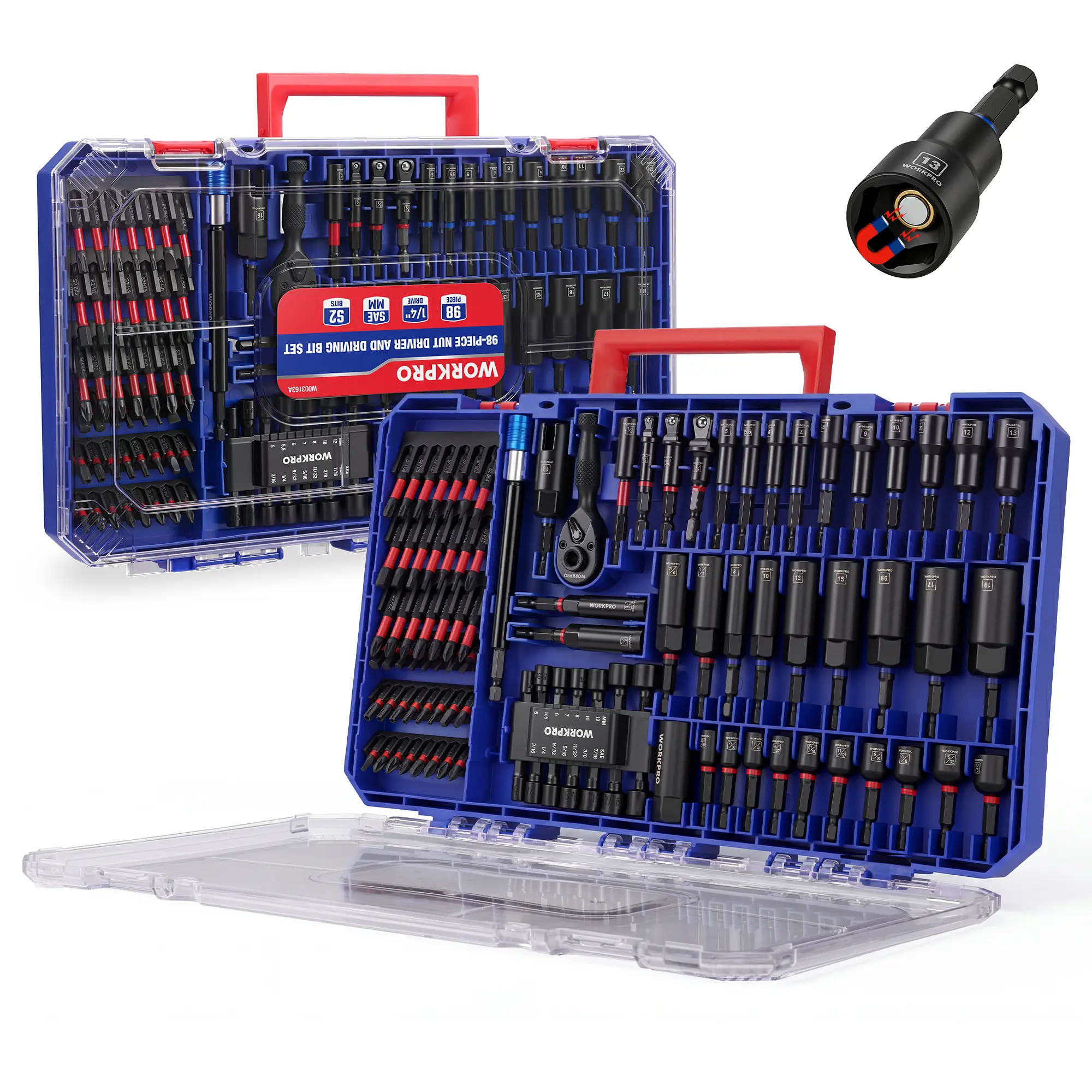#summersale WORKPRO 98-Piece Magnetic Nut Driver Set, Impact Driver Bits, Metric & SAE Cr-V Nut Drivers with Bit Holder, Universal Socket, Socket Adapter, Wing Nut Driver, Ratchet Handle, Quick-Release Extension