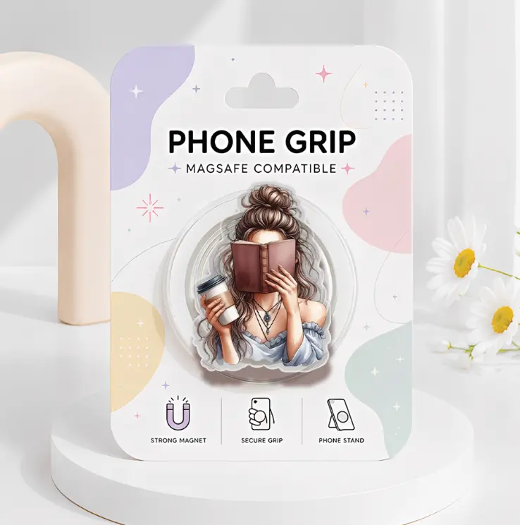 (2 Options) Book Lover Girl Phone Grip Magsafe, Reading Girl With Coffee Phone Holder, Book Lover Kindle Grip, Cartoon Phone Stand, Gifts For Teenagers
