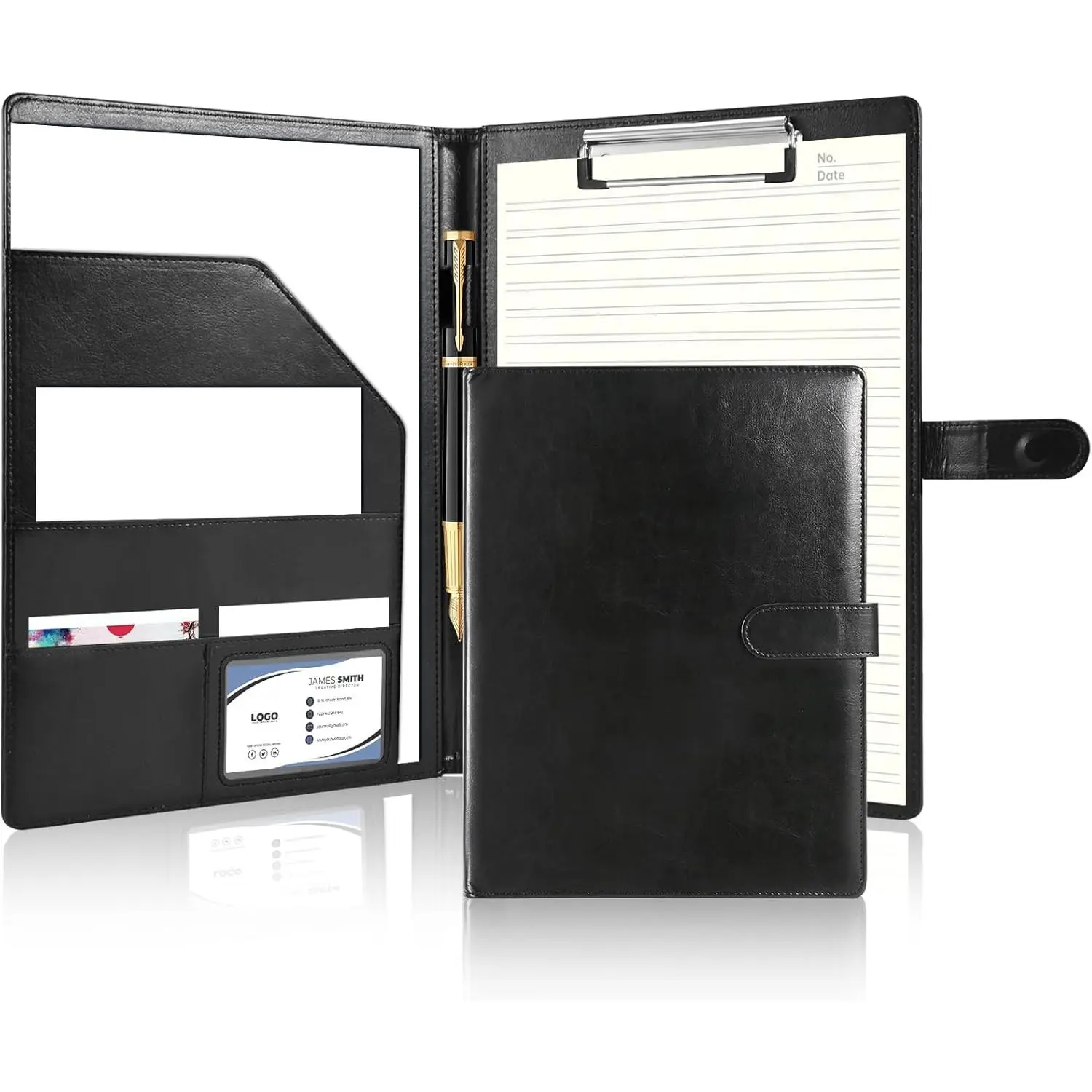 Synthetic Black PU Leather Professional Portfolio Binder - Metal Clips Clipboard Padfolio, A4/Letter Size Legal Pad Holder, Multi-Pocket Files Organizer, Business Card Holder, Corporate Work Desk Accessories, Desk Tidy for Interviews, Conferences, Office