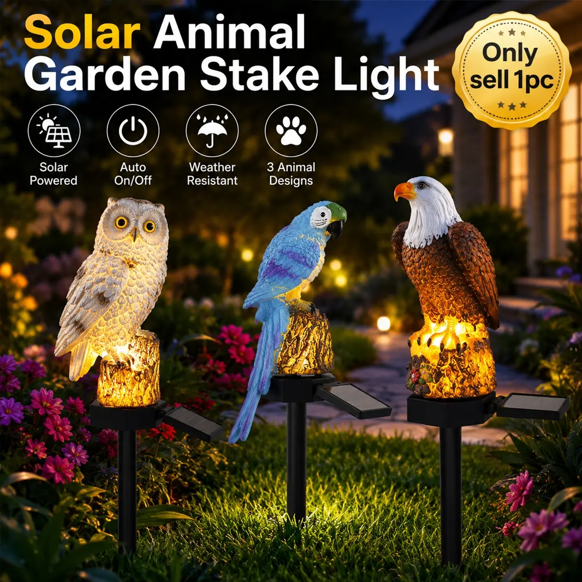 LED Solar Parrot Garden Light Cute Animal Resin Stake Lamp, Waterproof Outdoor Lights, Waterproof Dusk to Dawn Outdoor Decorative Pathway Light for Yard Patio Lawn Flower Bed Walkway Courtyard Garden Decor, for Home Outside Driveway