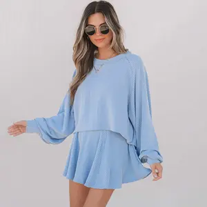Women's 2-Piece Casual Elegant Sky Blue Set - Corded Long Lantern Sleeve Top, High Waist Ruffled Mini Skort, Statement Fabric