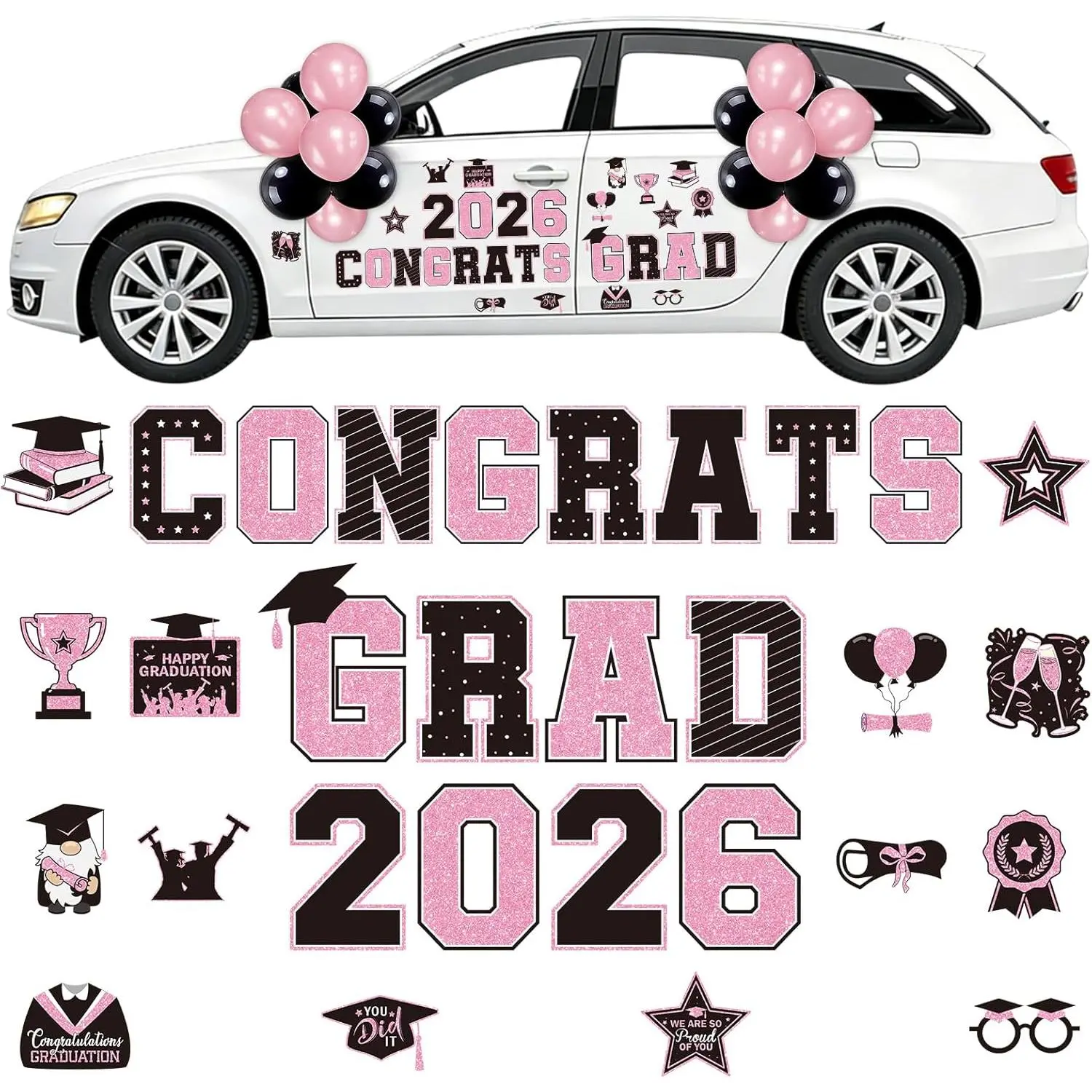 Graduation Car Magnets 2026, 46PCS Pink Black Graduation Car Decorations 2026 with Balloons, Congrats Grad Car Magnets and Decals Decor Supplies for Grad Parade Party