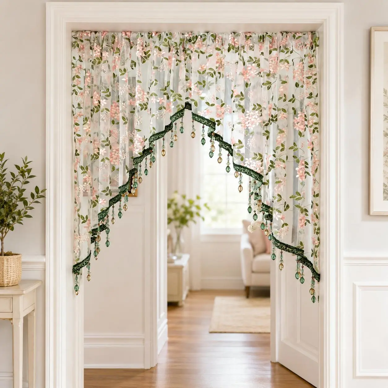 Sweet-Style Room Decor: Floral Lace Short Curtains | Fairy-Style Beaded Fringe Door Curtain and Room Divider—Perfect for weddings, birthday parties, Halloween, and Christmas decorations. A must-have for rental homes, apartments, and home decor.