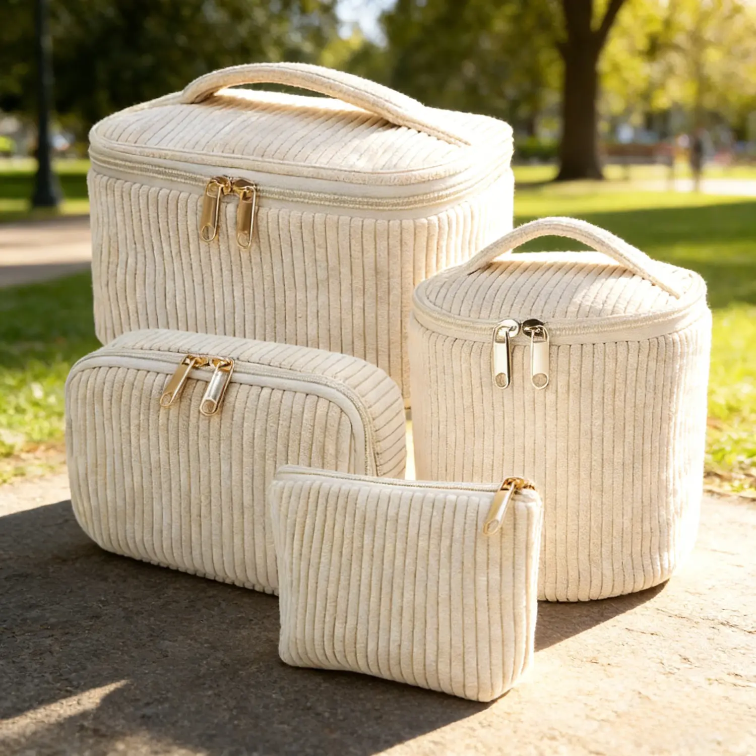 Women's 4-Piece Basic Aesthetic Ribbed Corduroy Cosmetic Bag Set, Large Compact Portable Make-Up Bags, Toiletry Pouch for International Travel Vanity Organization