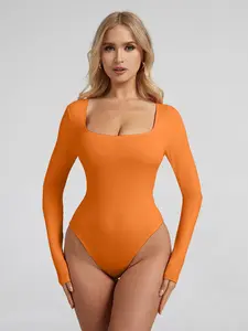 Women's Sexy Solid Color Square Neck Jumpsuit, Slimming Hip-Lifting Long Sleeve Onesie, Spring Sport Home Daily Wear
