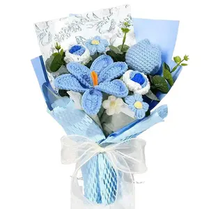 Handmade Crochet Decorative Bouquet - Lifelike Bouquet-Shaped Artificial Yarn Tulips & Roses, Finished Everlasting Floral Arrangement, Ideal Gift for Mom, Home Wedding & Anniversary Decor, Bouquet-Shaped Artificial Flowers