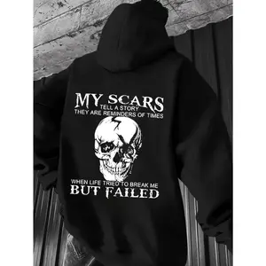 Men's Skull Graphic Hoodie - Menswear Long Sleeve Breathable Fabric Top with "My Scars Tell a Story" Print, Casual Versatile, Fall-Winter Drawstring Hood Sweatshirt