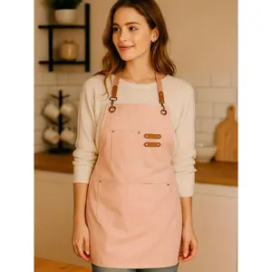 Adjustable Cotton Canvas Apron with Leather Straps, Full-Coverage Kitchen Apron with Pockets for Cooking, Baking & Cafe Work, Pink outdoorfun
