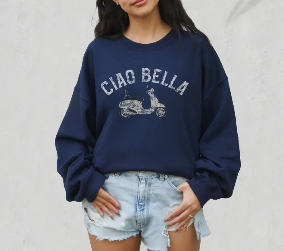 Ciao Bella Crewneck Sweatshirt, Cute Italian Vespa Crewneck Sweatshirt With Vintage Vibe