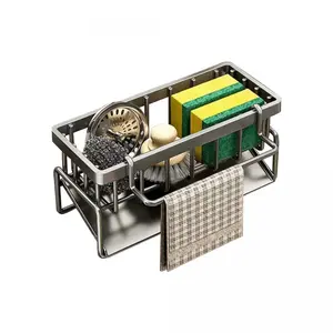 Sponge Holder For Sink, Stainless Steel Kitchen Sink Organizer With Auto Draining Tray, Countertop Sink Caddy For Sponge Holder Soap Brush Dispenser(Black)