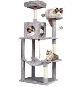 【 Black Friday Deal】VEVOR Cat Tree 56.2" Cat Tower with Cat Condo Sisal Scratching Post Light Grey