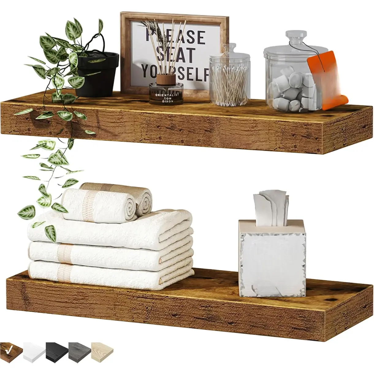 Bathroom Floating Shelves for Wall - 15.7" Wall Mounted Shelf Over Toilet Farmhouse Home Decor Display Bookshelf Small 15.7 x 6.7 inch Set of 2, Rustic Brown (008-40BN)