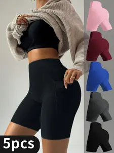 5pcs plus size high-waist pocket yoga shorts, comfortable and breathable, suitable for sports fitness, sports slim style Seamless Yoga Running Shorts for Women -  Active Lifestyle, Moisture-Wicking Comfort  Exercise shorts women Workout