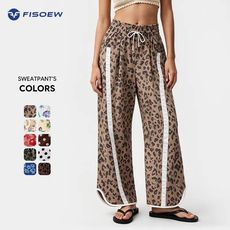 Fisoew Wide-Leg Baggy Sweatpants High-Rise Parachute Jogging Pants for Women - 100% Polyamide Lightweight Breathable Drawstring Waist, 7/8 Length, Contrast Accent Casual Athleisure