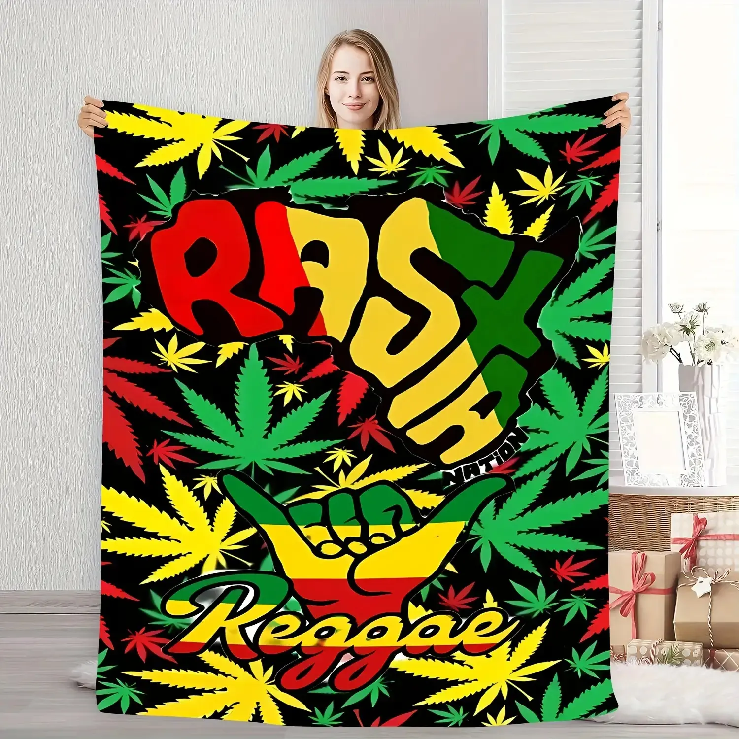 Rasta Style Colorful Leaf Flannel Blanket   Reggae Music Culture   Green, Red, Yellow Fusion   Soft Polyester Throw   All Season Versatile Home Decor   Vibrant Leaf Pattern Digital Print Blanket