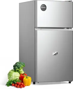 Upstreman 3.0 Cu.Ft 2-Door Compact Mini Fridge with Freezer, 7 Adjustable Thermostat, Removable Shelves, LED Light, Egg Tray for Bedroom, Office, Silver-TM30 Household Refrigerator