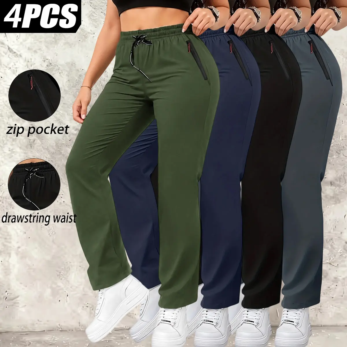 4-pack women’s casual breathable quick-dry athletic pants with elastic waistband drawstring, side zippered pockets, lightweight long pants suitable for all seasons