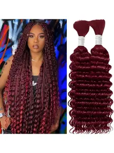 99j Burgundy Human Braiding Hair for Boho Braids 100g 2 Bundles Burgundy Deep Wave Bulk Boho Curly Human Hair for Braiding Wine red No Weft Wet and Wavy Braiding Hair Extensions Boho Box Braids