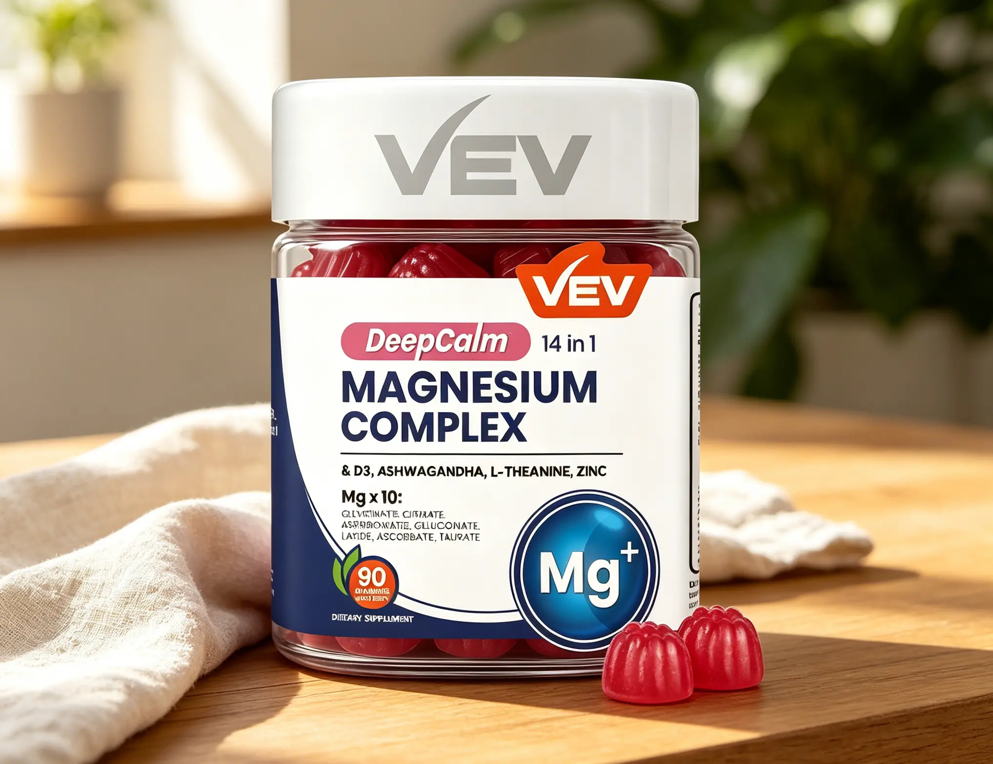 VEV Magnesium Glycinate Complex DeepCalm 14-in-1 Gummies, Adaptogenic Support with Ashwagandha L-Theanine D3 Zinc, Cortisol Balance & Relaxation Chews for Adult Women, No Added Sugar Vegan Non-GMO 90 Gummies