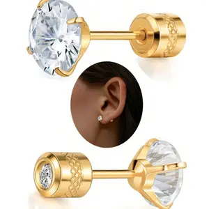 18K Gold Plated Screw Back Stud Earrings – Hypoallergenic CZ Helix Earrings (2mm–6mm)