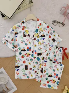 Women's All Over Print Lapel Neck Button Front Shirt & Pants Pajama Set, Casual Comfy Short Sleeve Top & Trousers Set, Ladies Sleepwear for Spring Summer Fall, Soft Lounge Sets, Comfy Pyjama Set, Breathable Pjs