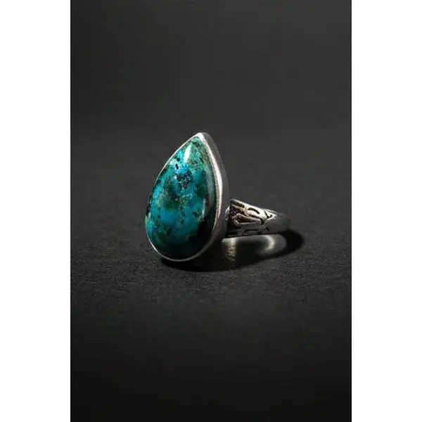Unisex Chrysocolla Teardrop Stone Ring - .925 Sterling Silver Statement Fashion Costume Jewelry Accessory