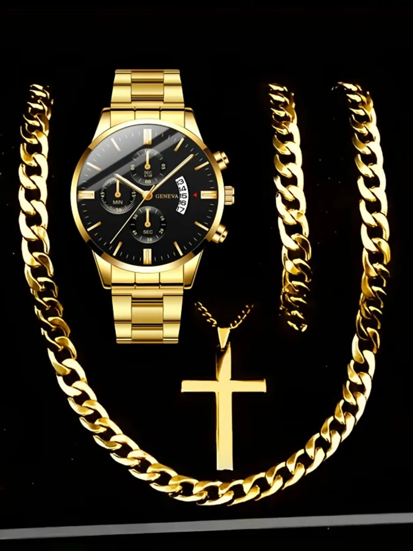 4-piece set, Elegant set, men's quartz watch series, equipped with classic circular dial and bracelet, cross necklace, exquisite and simple dials suitable for offices and formal events, ideal item
