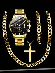 4-piece set, high-end men's quartz watch series, equipped with classic circular dial and fashionable bracelet, cross necklace. Men's gift set with necklace and bracelet. Exquisite and simple dials are suitable for offices and formal events. Ideal item