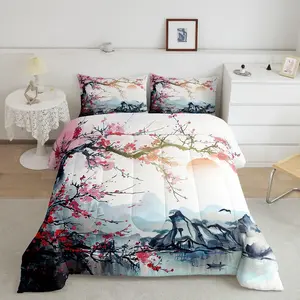 Cherry Blossoms Designer Comforter Set,Japanese Style Comforter,Fuji Mountain Decor Home Decor Luxury Bedding Set,Sakura Flower Super Soft Duvet Set