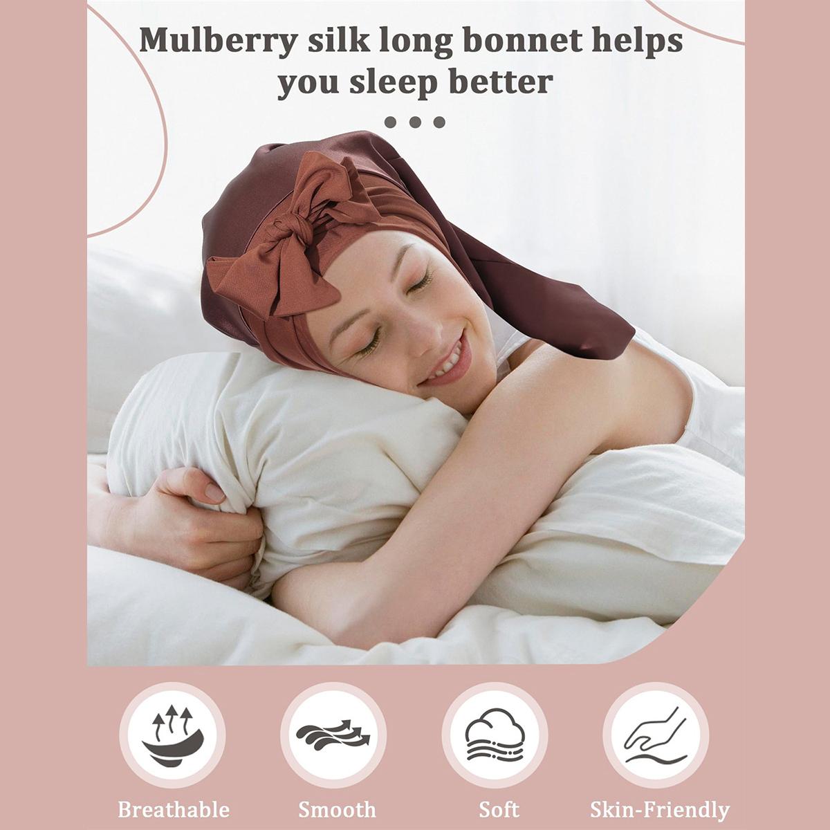 100% Mulberry Silk Bonnet for Women Long Hair Bonnet Natural Silk Sleeping Cap with Elastic Tie Band Hair Bonnets for Hair Nightcap Gifts for Female