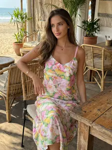 Women's V Neck Boho Dress, Floral Pattern All Season Long Sleeveless Beach Vacation Style, Summer New Arrival