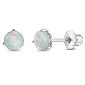 Opal Prong Kids / Children's / Girls Earrings Screw Back - Sterling Silver