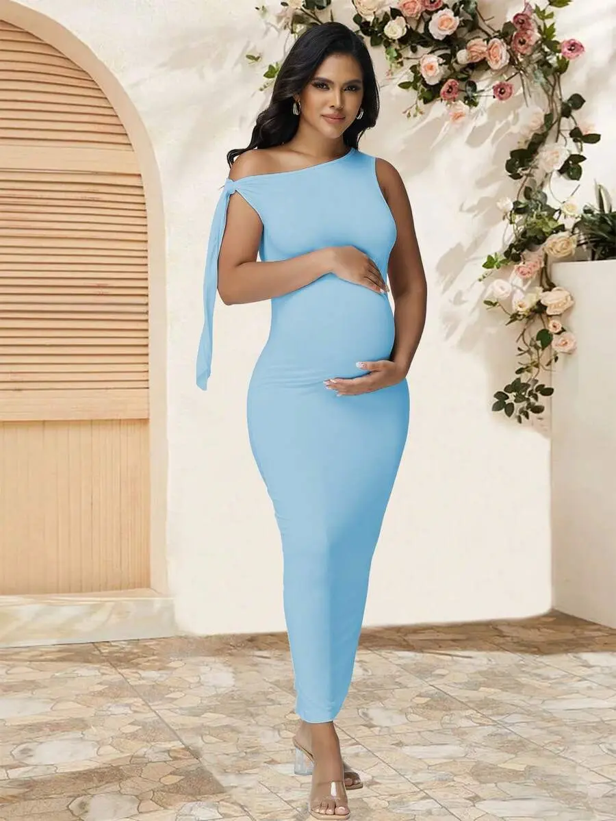 PARARA Asymmetric Neckline Fitted Maxi Dress For Pregnant Women, Elegant Solid Color Party Gown, Suitable For Baby Shower And Photo Shoot