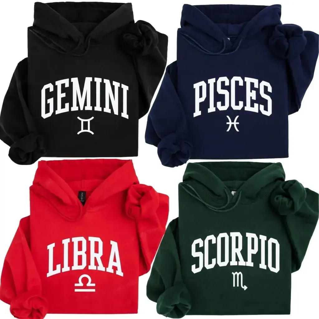 [Full 12 Zodiac] Minimalist Zodiac Hoodie, Astrology Sign Graphic Pullover for Men Women, Cozy Horoscope Hoodie, Bold College Letter Design, Perfect Gift for Zodiac Lovers - JACKSON HOAI STORE