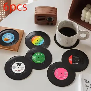 Retro Disc Design Drink Coaster, 6pcs/Set Creative Heat Resistant Non-slip Cup Pads For Home Kitchen Party Table Decor, Kitchen Accessories, Bedroom Decor, Home Decor